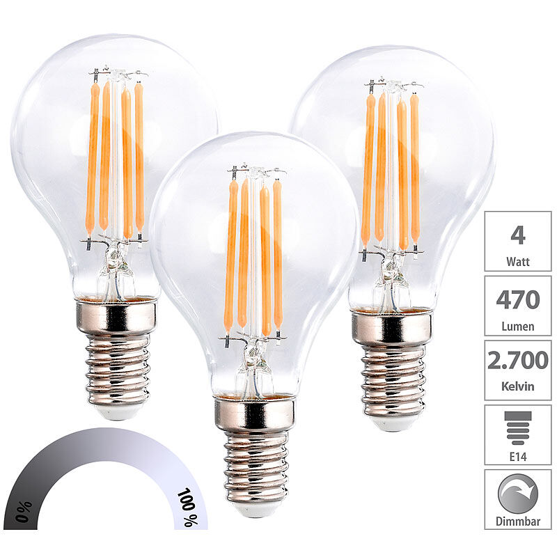 Luminea 3er-Set LED-Filament-Lampen, G45, E14, 470 lm, 4 W, 2700 K, dimmbar