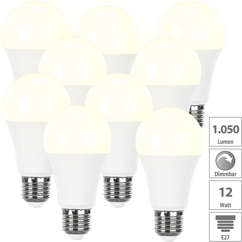 Luminea 9er-Set dimmbare LED-Lampen warmweiß, 12 W, E27, 2700 K, 1050 lm