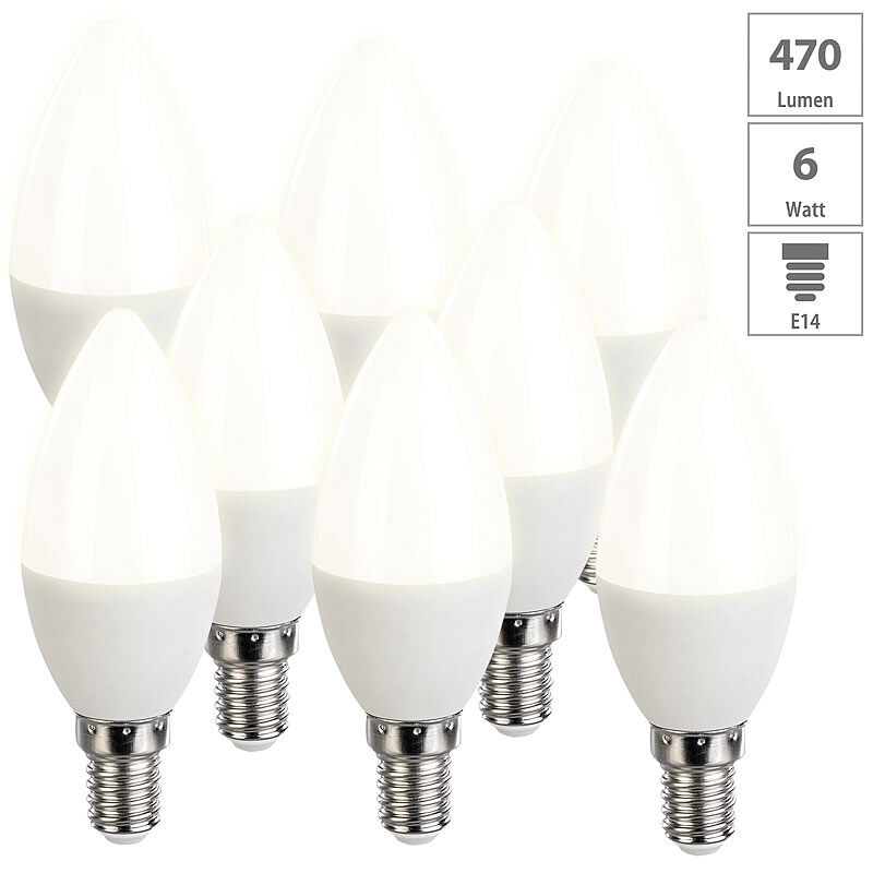 Luminea 8er-Set LED-Kerzen, warmweiß, 470 Lumen, E14, A+