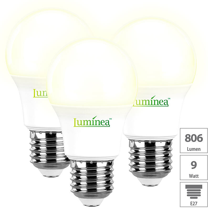 Luminea 3er-Set LED-Lampen, warmweiß, 806 Lumen, E27, 9 Watt, A+, 220°