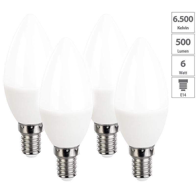 Luminea 4er-Set LED-Kerzen, tageslichtweiß, 470 Lumen, E14, 6 Watt, 6500 K