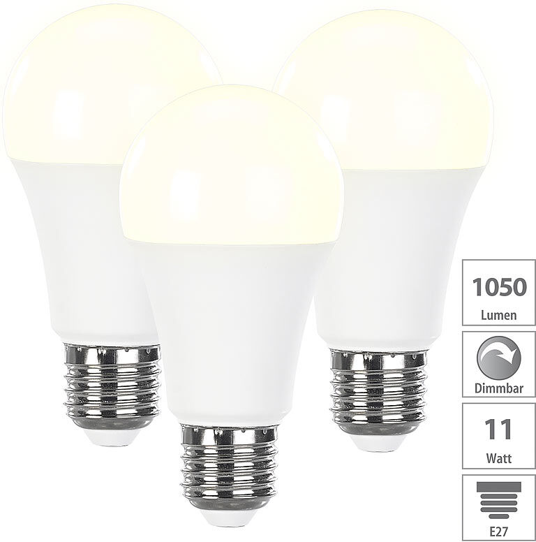 Luminea 3er-Set dimmbare LED-Lampen warmweiß, 12 W, E27, 2700 K, 1050 lm