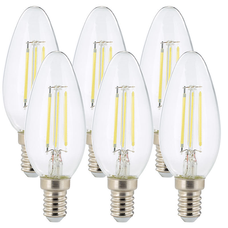 Luminea 6er-Set LED-Filament-Kerzen, B35, E14, 470 Lumen, 4 Watt