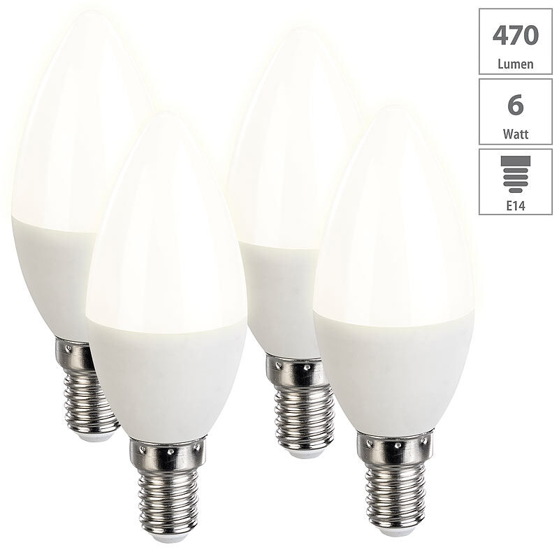 Luminea 4er-Set LED-Kerzen, warmweiß, 470 Lumen, E14, A+, 6 Watt