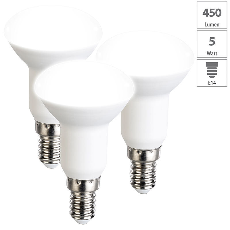 Luminea 3er-Set LED-Reflektoren, R50, tageslichtweiß, 450 Lumen, E14, A+, 5 W