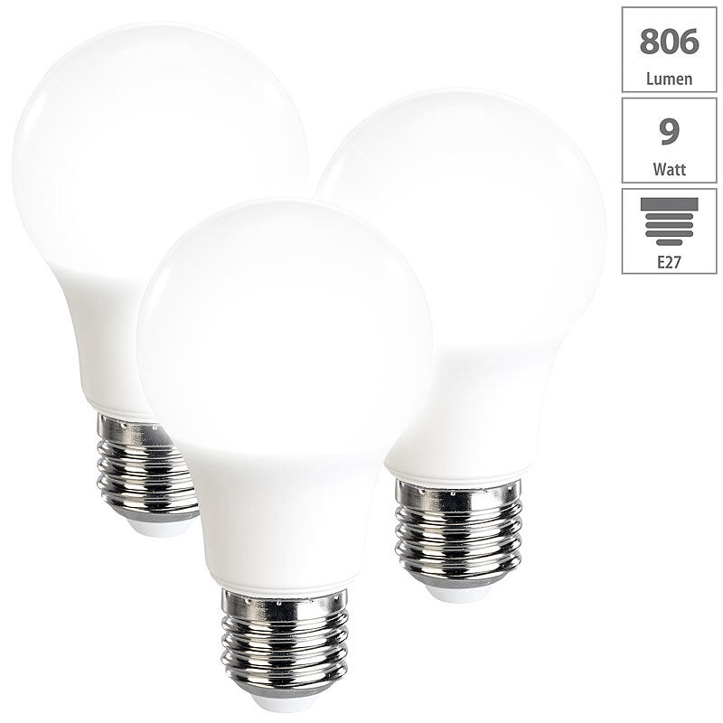 Luminea 3er-Set LED-Lampen, tageslichtweiß, 806 Lumen, E27, A+, 9 Watt