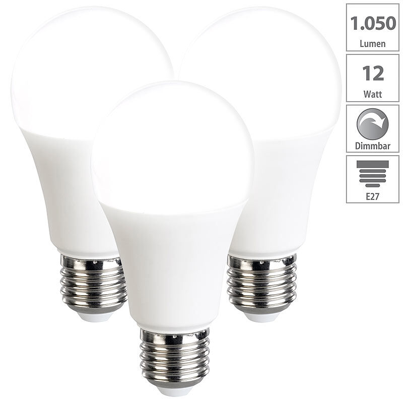 Luminea 3er-Set LED-Lampen, dimmbar, tageslichtweiß, 1050 Lumen, E27, A+, 12 W