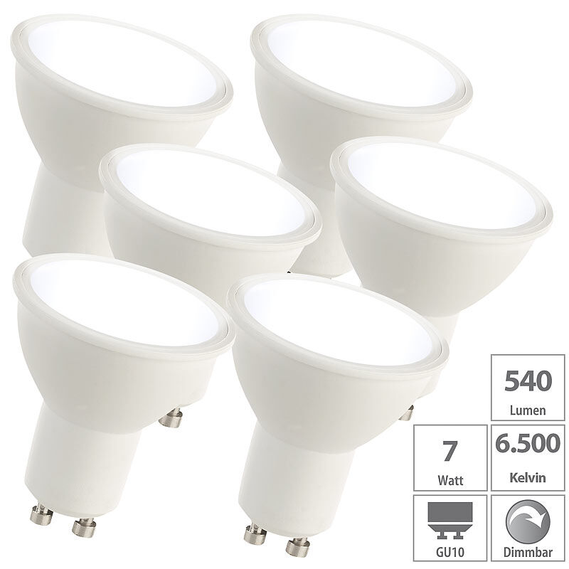Luminea 6er-Set LED-Spots GU10, 7 Watt, 480 lm, A+, 6.500 K, 120°, A+