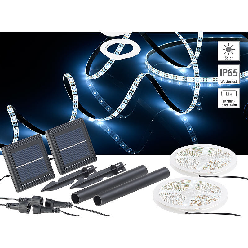 Lunartec 2er-Set Solar-LED-Streifen mit 180 tageslichtweißen LEDs, IP65