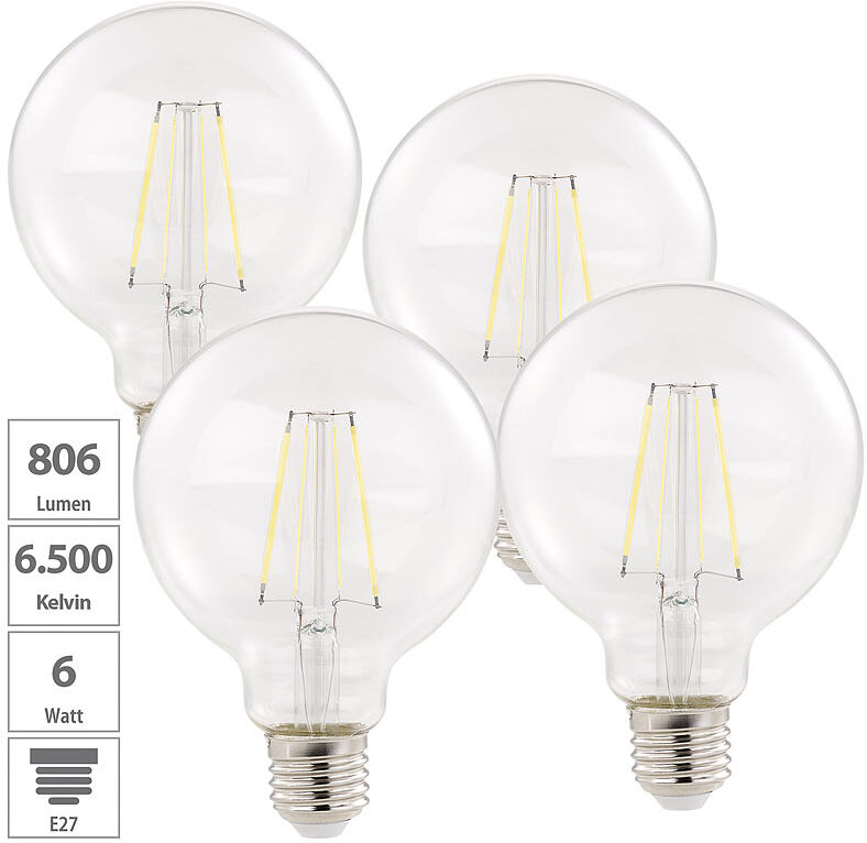 Luminea 4er Pack LED-Filament-Birne, E27, A++, 6 W, 806 lm, 360°