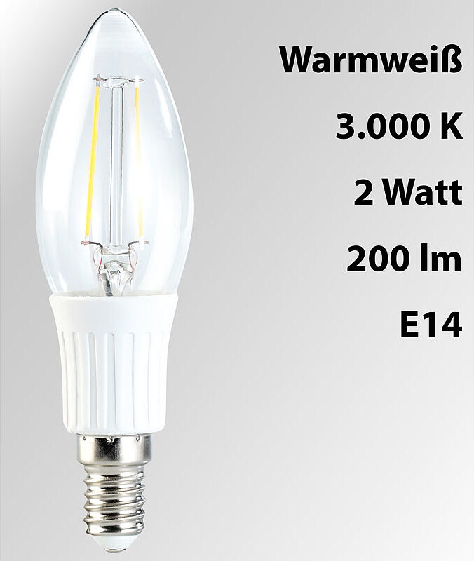 Luminea LED-Filament-Kerze, B35, 2 W, E14, warmweiß, 200 lm, 360°