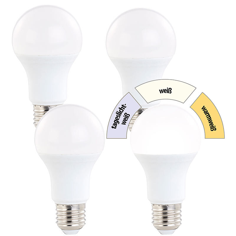 Luminea 4er-Set LED-Lampen, 10 W, 810 lm, A+, Lichtfarbe 3-stufig wählbar, E27