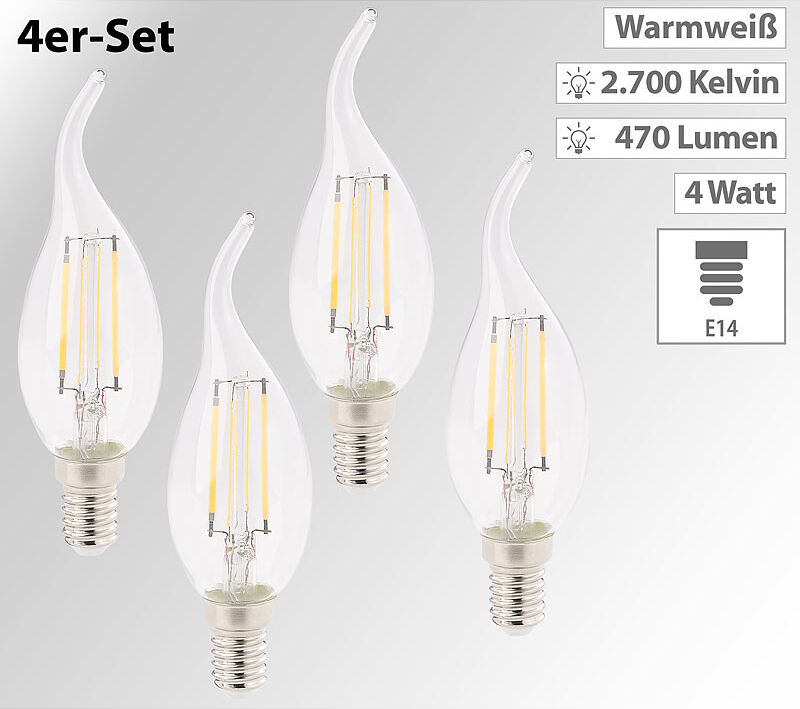 Luminea 4er-Set LED-Filament-Kerzen, E14, A+, 4 W, 470 Lm, warmweiß, Ba35