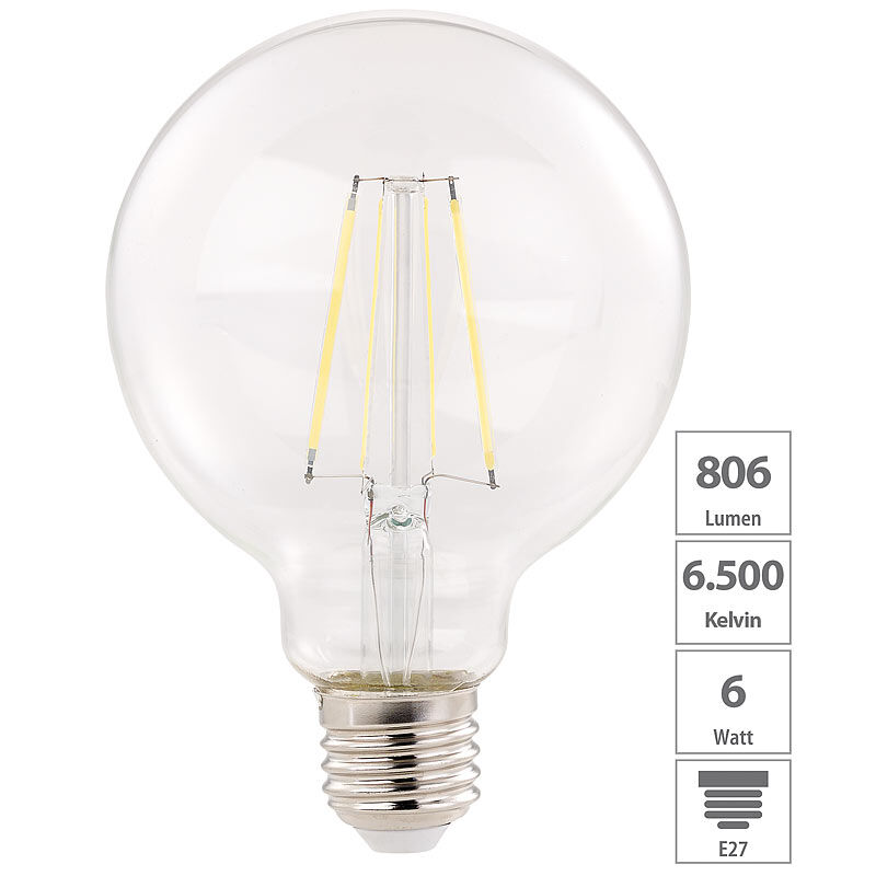 Luminea LED-Filament-Birne, E27, A++, 6 W, 806 lm, 360°, tageslichtweiß, G95