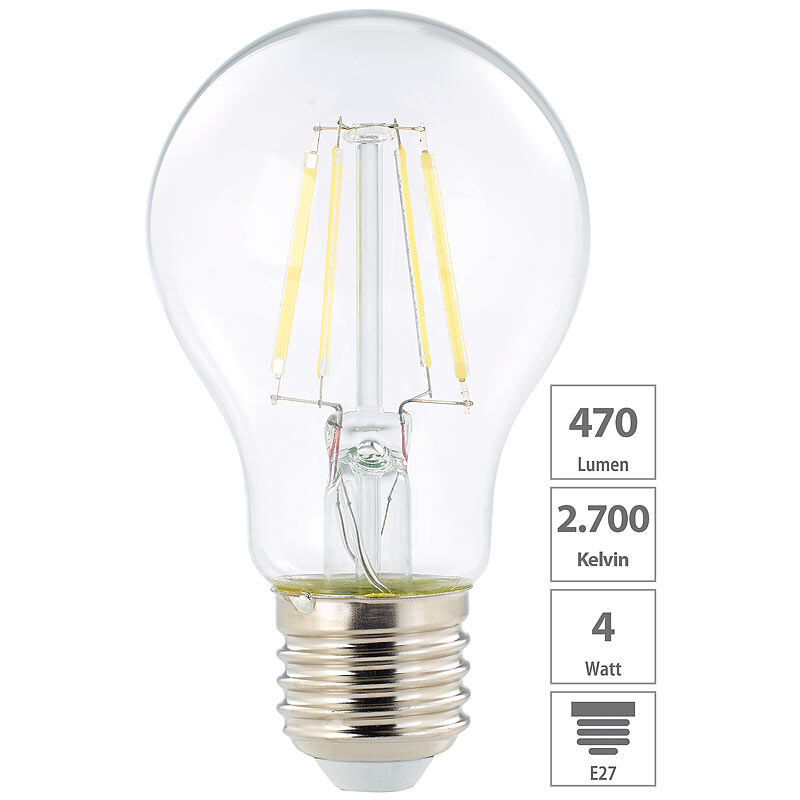 Luminea LED-Filament-Birne, A+, E27, 4 Watt, 470 Lumen, 360°, warmweiß, A60