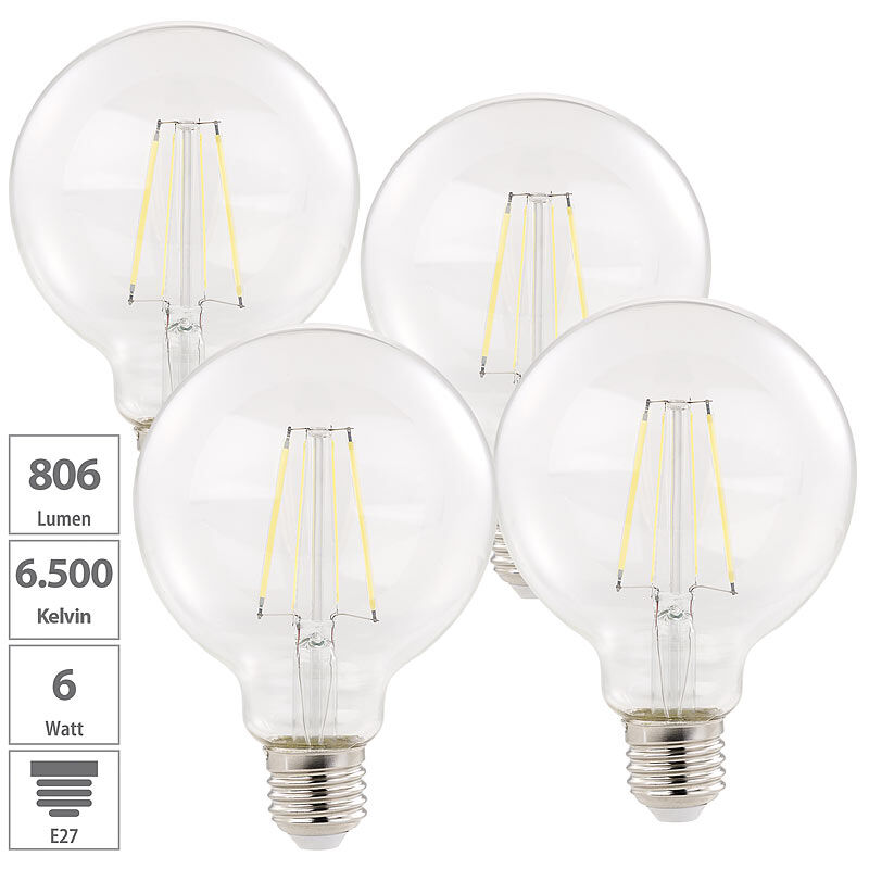 Luminea 4er-Set LED-Filament-Birnen, E27, A++, 6 W, 806 lm, tageslichtweiß