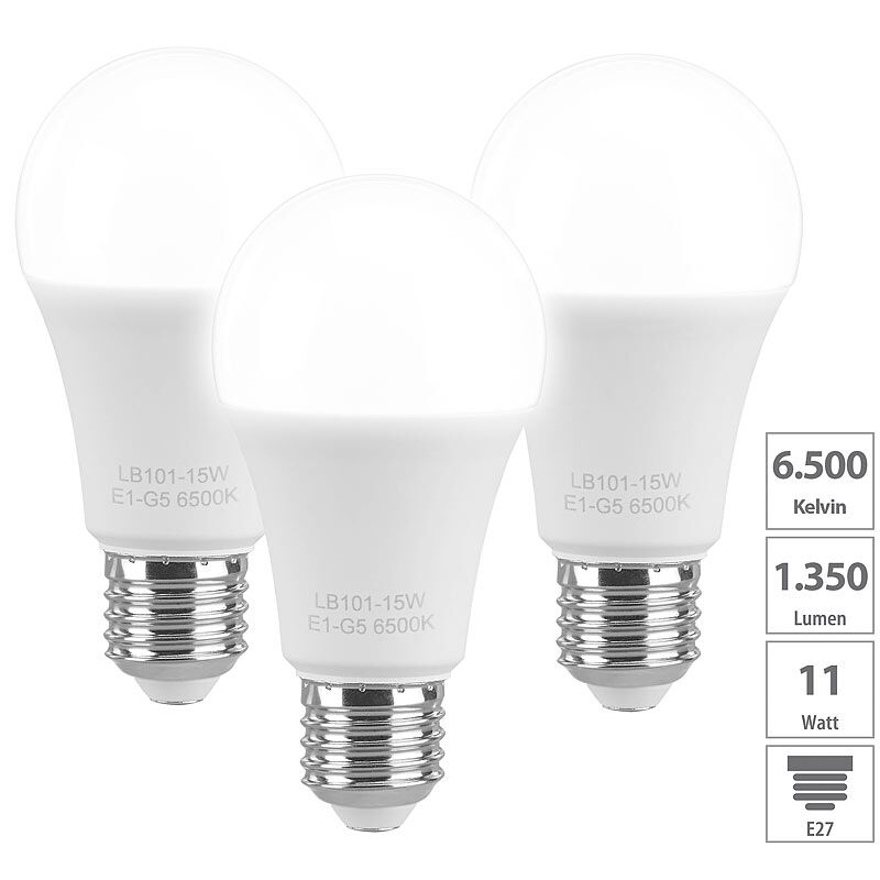 Luminea 3er-Set LED-Lampen, tageslichtweiß, 6500 K, E27, 15 W, 1.350 Lumen, A+