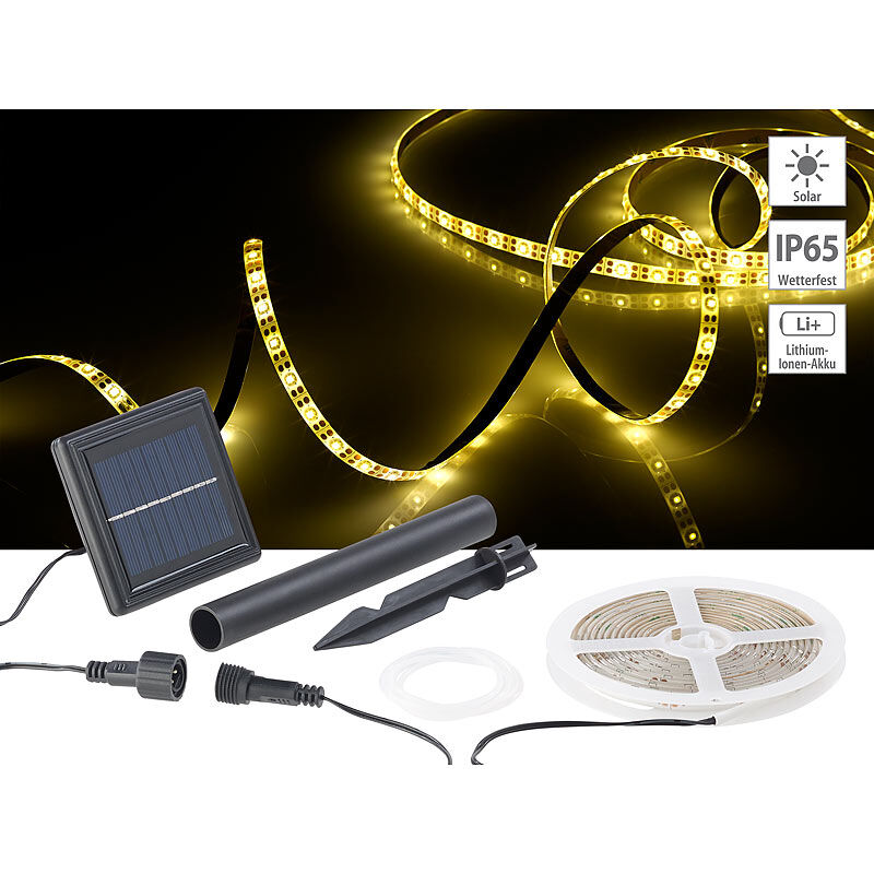Lunartec Solar-LED-Streifen mit 180 warmweißen LEDs, 3 m, wetterfest IP65