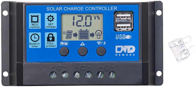 revolt Solar-Laderegler für 12/24-V-Akkus, PWM-Lademodus, 2 USB-Ports, 20 A