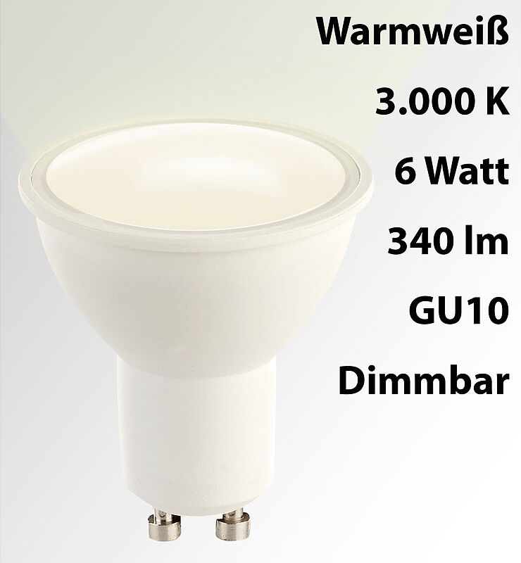 Luminea LED-Spot GU10, 6 Watt, 340 Lumen, A, warmweiß (3000 K), dimmbar