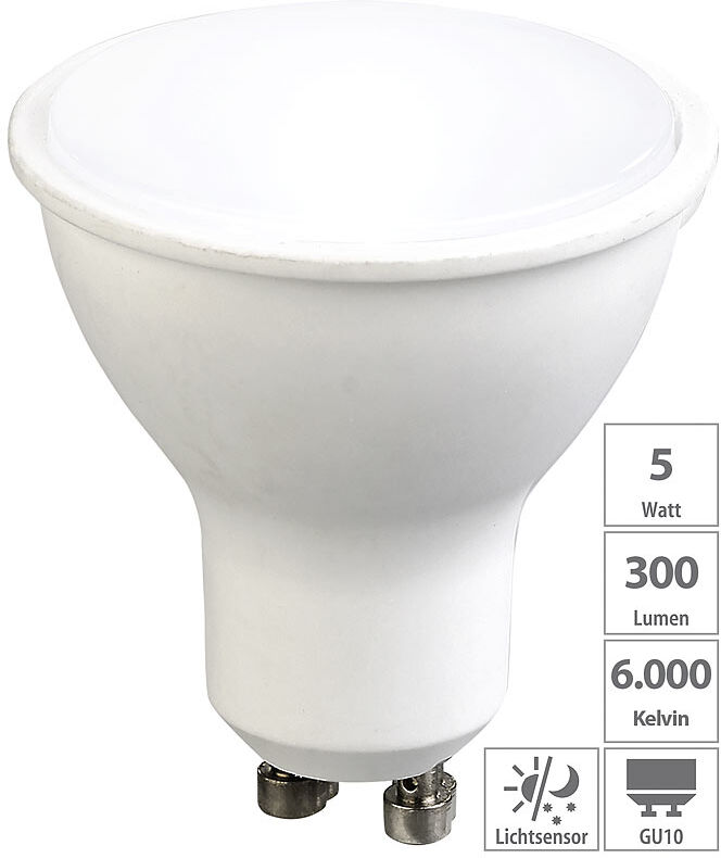 Luminea LED-Spot GU10, Lichtsensor, tageslichtweiß 6000 K, 5 Watt, 300 Lumen