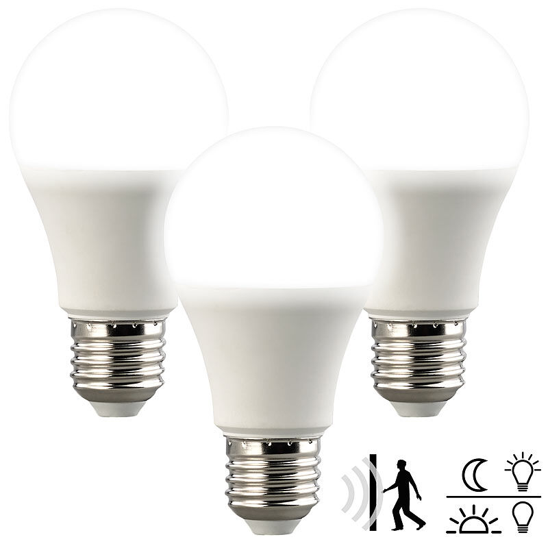 Luminea 3er-Set LED-Lampen mit Lichtautomatik, Radarsensor, 806 lm, E27, weiß