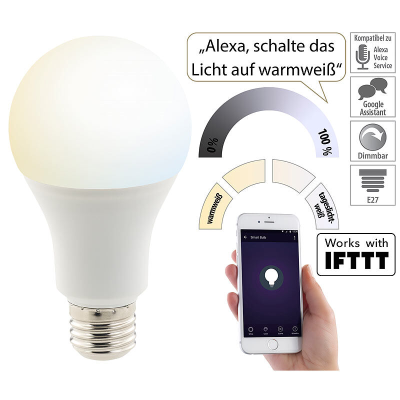Luminea Home Control WLAN-LED-Lampe, für Alexa, Siri & Google Assistant, E27, 1.050 lm, CCT