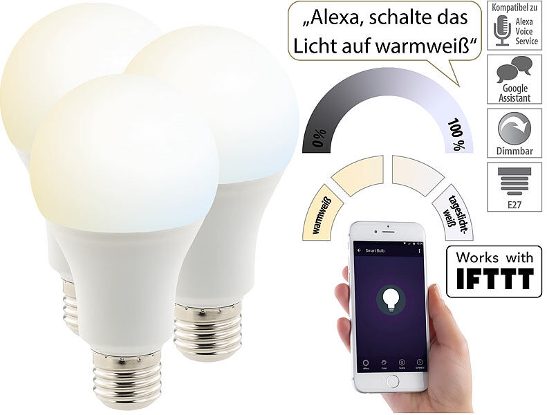 Luminea Home Control 3er-Set WLAN-LED-Lampen, mit Sprachsteuerung, E27, 1.050 lm, CCT