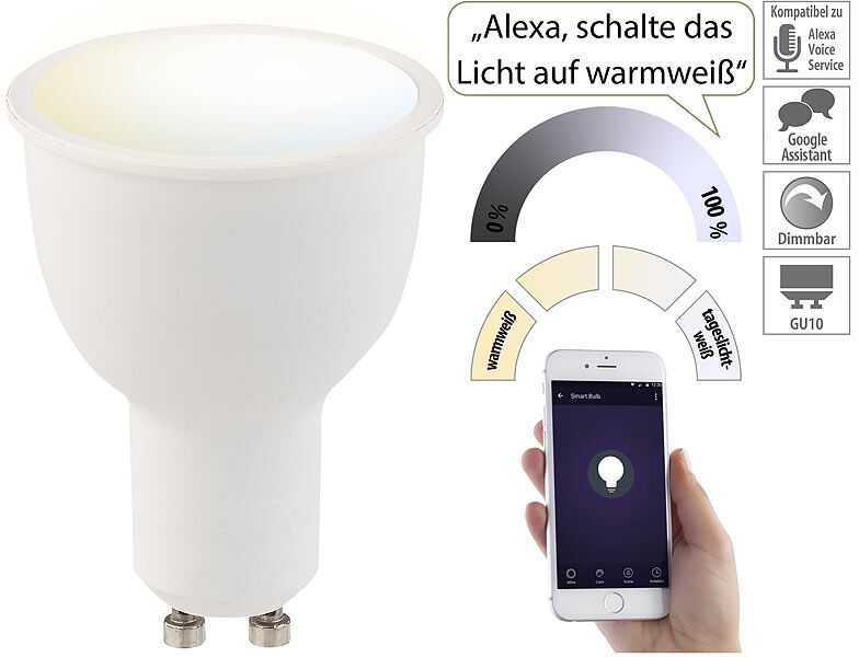 Luminea Home Control WLAN-LED-Lampe, komp. zu Amazon Alexa & Google Assistant, GU10, CCT