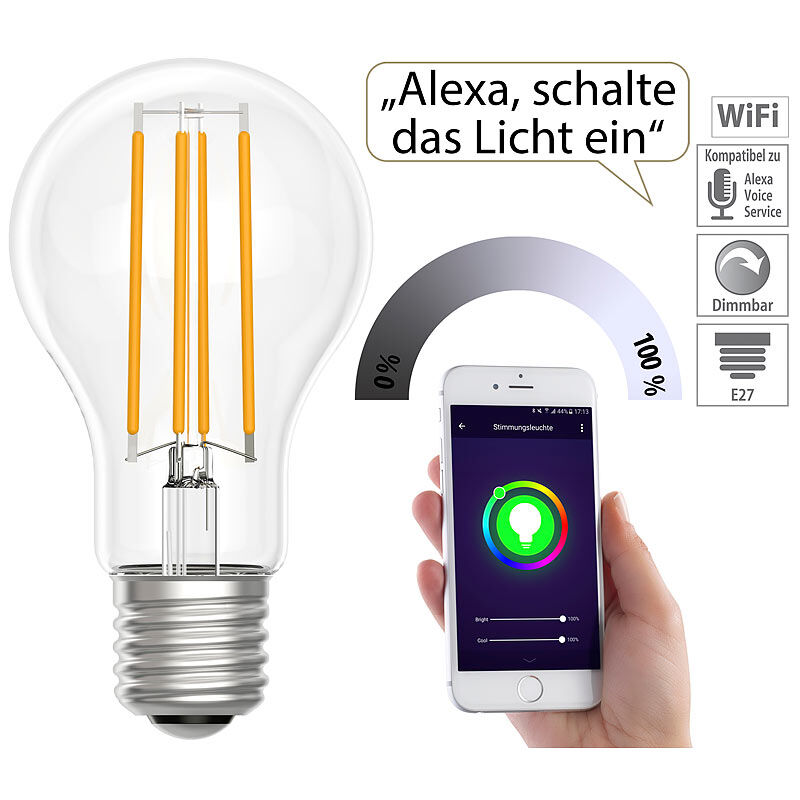 Luminea Home Control LED-Filament-Lampe, komp. zu Amazon Alexa & Google Assistant, 2700 K