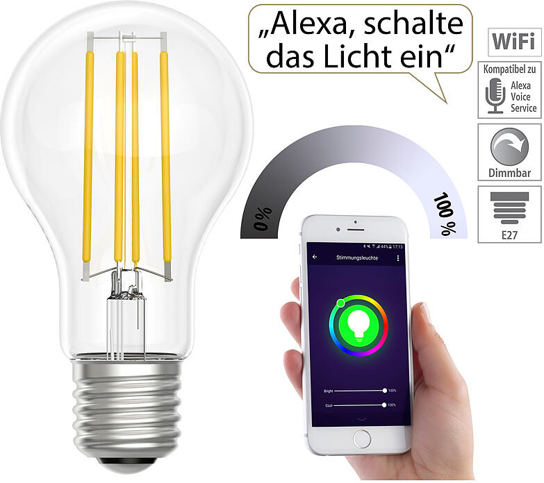 Luminea Home Control LED-Filament-Lampe, komp. zu Amazon Alexa & Google Assistant, 6500 K