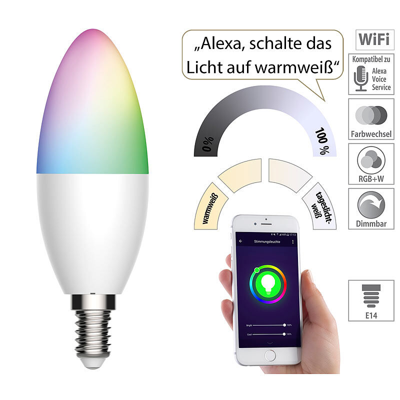 Luminea Home Control WLAN-LED-Lampe für Amazon Alexa und Google Assistant, E14, 5,5 W
