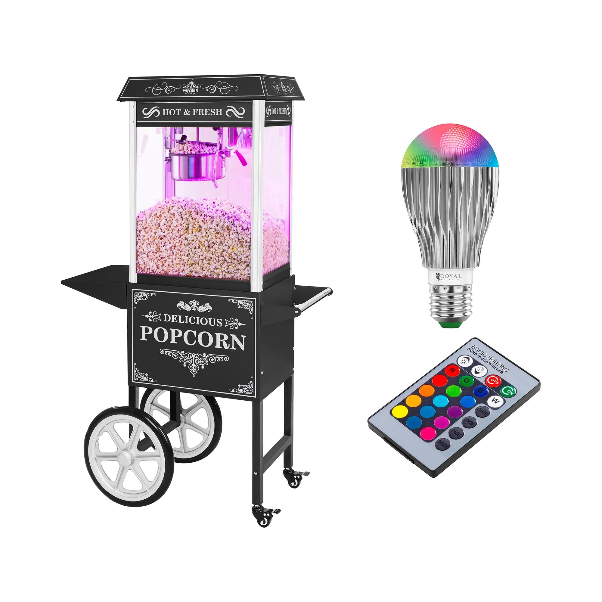 Royal Catering Stroj na popkorn s vozíkem a LED osvětlením - retro vzhled - černý RCPW-16.2 Popcorn Machine LED Set