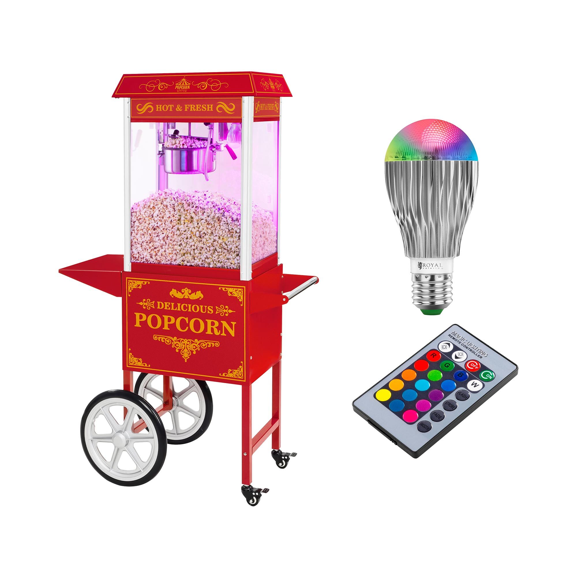 Royal Catering Stroj na popkorn s vozíkem a LED osvětlením - retro vzhled - červený RCPW-16.3 Popcorn Machine LED Set