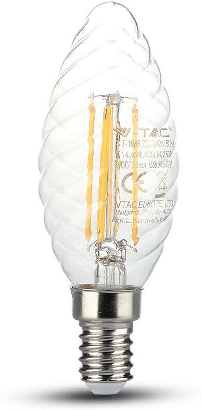 V-TAC LED-Lampe Kerze twist mit Samsung-Chip 4 Watt E14 2700K transparentes Glas