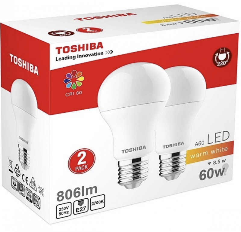 Toshiba LED E27 60W 806 Lumen 2 kpl Valaistus