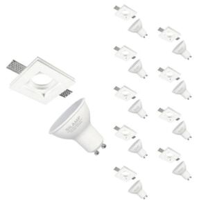 Kit Support Spot GU10 LED Carré Blanc 100x100mm avec Ampoule LED 6W (Pack de 10) - Blanc Neutre 4000K - 5500K - SILAMP