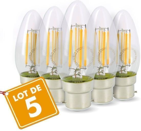 Eclairage Design Lot de 5 Ampoules LED Flamme Filament 4w eq. 40W Culot B22 blanc chaud 2700K