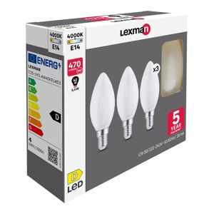 LEXMAN Set da 3 lampadine LED, E14 oliva, smerigliato, luce naturale, 3.4W= 470LM (equiv 40 W), 330° ,