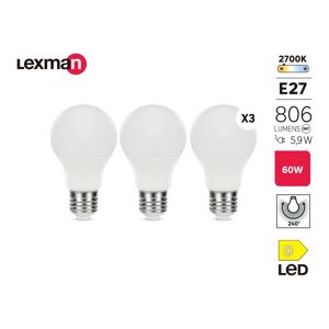 LEXMAN Set da 3 lampadine LED, E27 goccia, smerigliato, luce calda, 5.9W= 806LM (equiv 60 W), 240° ,