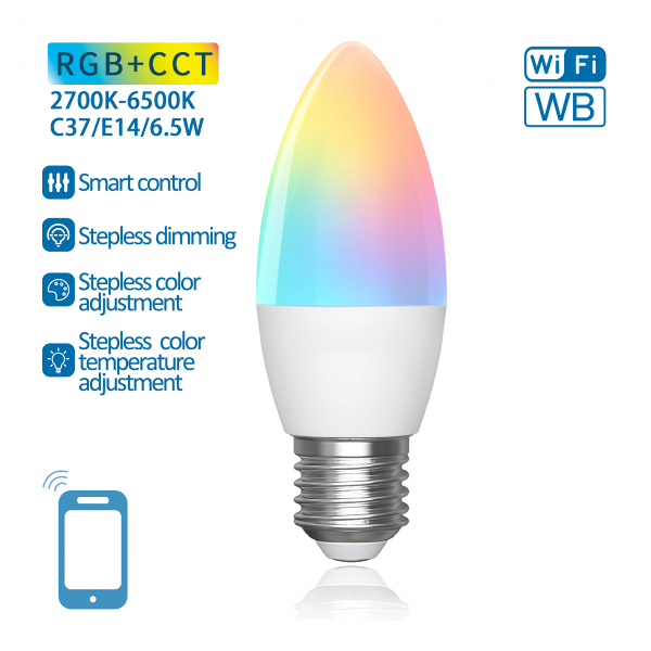 aigostar lampadina smart led c37 e27 6.5w wifi rgb+cct 2700k-6500k 555 lumen d37h107mm compatibile con alexa e google assistant