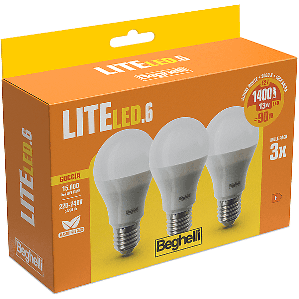 beghelli lampadina led  3pz liteled6 goc13we27-3k