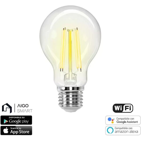 lampadina led a filamento smart a60 e27 6w wifi cct luce regolabile e dimmerabile aigostar