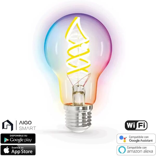 lampadina led a filamento smart a60 e27 4,9w wifi rgb + bianco caldo 2700k luce regolabile e dimmerabile aigostar