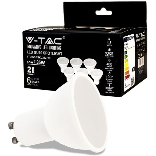 v-tac vt-2225 lampadina led faretto 4.5w smd gu10 bianco caldo 3000k copertura satinata box 6 pezzi - sku 212739