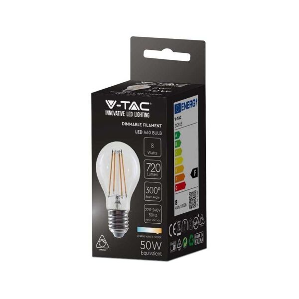 v-tac vt-2288d lampadina led dimmerabile 8w e27 3000k lampada filamento a67 vetro trasparente sku 212815