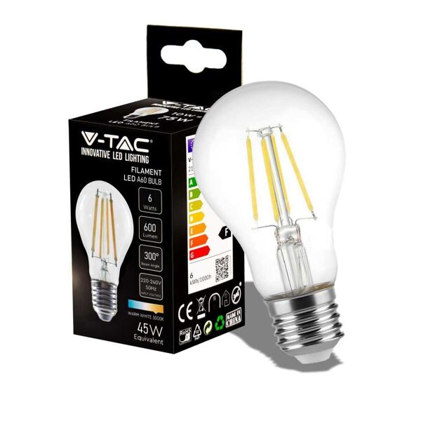 v-tac vt-1887 lampadina a led lampada 6w filamento e27 a60 3000k 300° 600lm - 214272