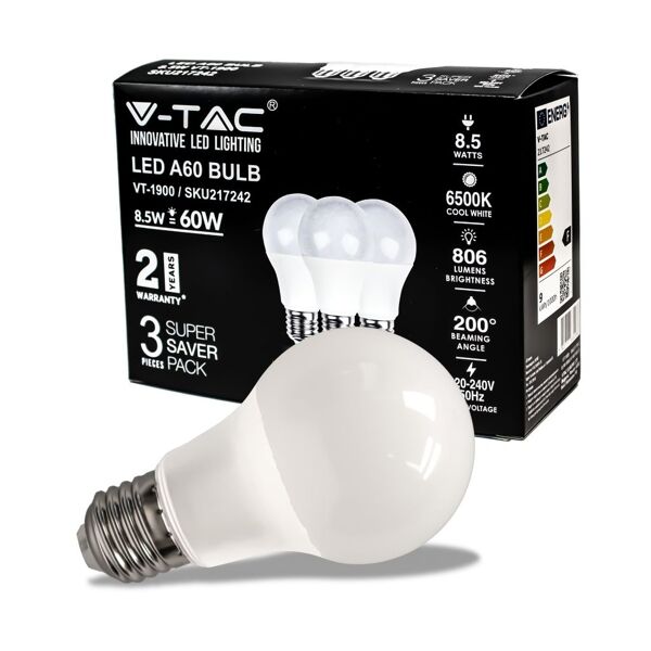 v-tac vt-1900 lampadina led e27 8.5w smd a60 luce bianco freddo 6500k box 3 pezzi - 217242