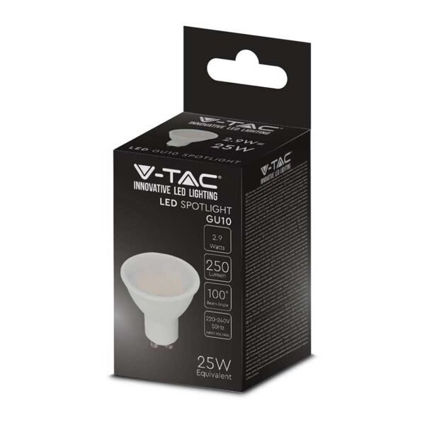 v-tac vt-2333 lampadina spot led 2.9w gu10 faretto 100° copertura satinata luce bianco caldo 3000k - 2987