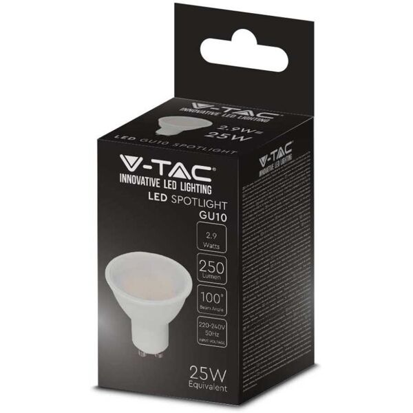 v-tac vt-2333 lampadina spot led 2.9w gu10 faretto 100° copertura satinata luce bianco freddo 6500k - 2989